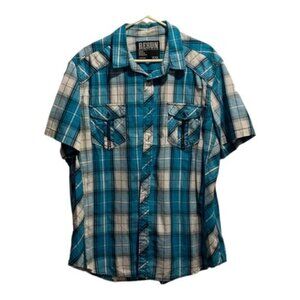 RERUN Men’s Plaid Teal Plaid Button Down Short Sleeve Shirt Size XXL EUC #7921